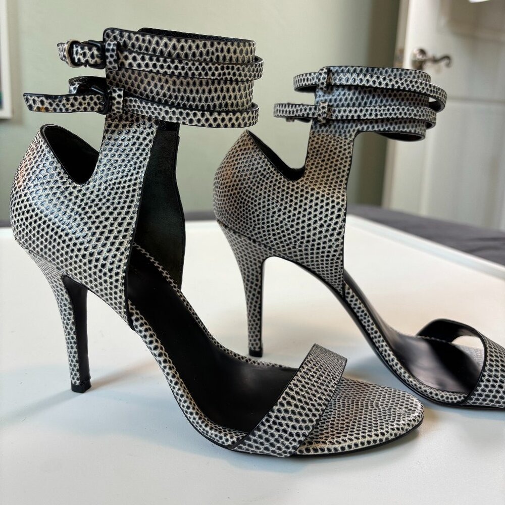Women's Black and White Textured Ankle-Strap High Heels